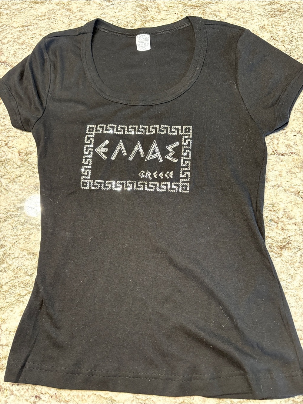 Black Women's Scoop Neck Short Sleeve Top with Silver Stud Design Greece